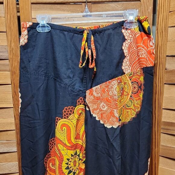 Aller Simplement Black Orange Vibrant Floral Bohemian Pants Women 1X Cotton - Picture 10 of 11